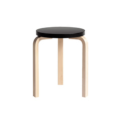 Artek Stool 60 design by Alvar Aalto (three legs): Legs birch natural lacquered, seat black lacquered