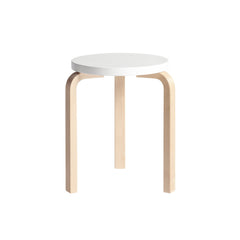 Artek Stool 60 design by Alvar Aalto (three legs): Legs birch natural lacquered, seat white lacquered