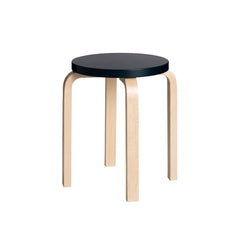 Artek Stool E60, design by Alvar Aalto (four legs): Legs birch natural lacquered, seat black lacquered