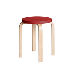 Artek Stool E60, design by Alvar Aalto  (four legs): Legs birch natural lacquered, seat red lacquered