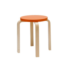 Artek Stool E60, design by Alvar Aalto (four legs): Legs birch natural lacquered, seat orange lacquered