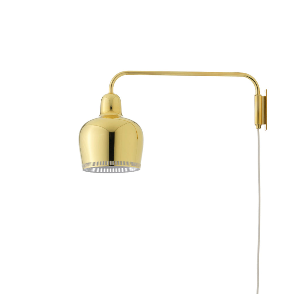 Wall Light A330S 'Golden Bell' designed by Alvar Aalto, featuring a hand-spun brass shade with a perforated rim that filters light beautifully and prevents glare. The light comes with a white cable.