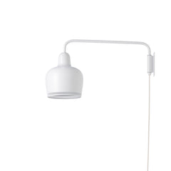 Wall Light A330S 'Golden Bell' designed by Alvar Aalto, featuring a lacquered steel shade in white with a perforated rim that filters light beautifully and prevents glare. The light comes with a white cable.