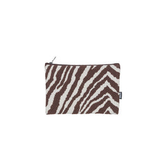 Product image of the Zebra Pouch Small featuring a brown and white Zebra pattern. The pouch is made from Zebra fabric and photographed against a white background.